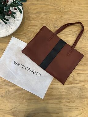 Vince Camuto Chestnut Leather Tote with Black Center Stripe NWOT